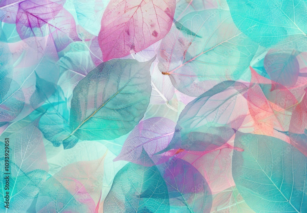Poster soft pastel colored leaves overlapping each other, creating a dreamy and serene background. nature a