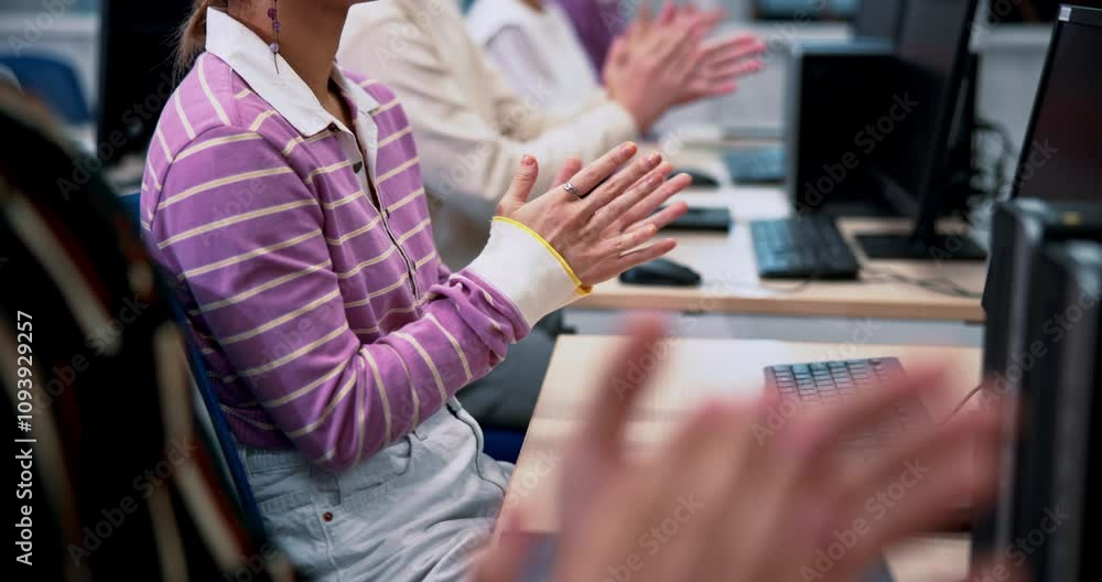Aufkleber Hands, business people and applause with desktop computer as software engineer for web agency. Group, teamwork and technology for coworking for celebration, success and collaboration in presentation