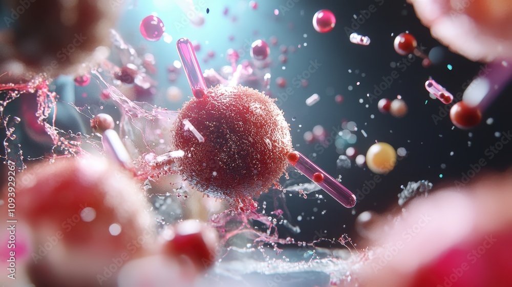Poster colorful microscopic view of cells and particles in dynamic motion.