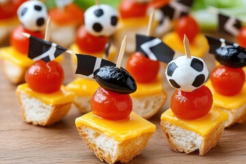 Mini Fußball Snacks für Fans mit Käse Tomate Oliven und Brot