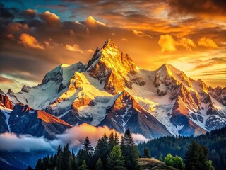 Majestic Sunrise at Mountaintop: Snowcapped Peaks Bathed in Golden Light, Capturing the Serenity and Beauty of Nature's Dawn in Vintage Style Photography
