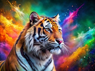 Fototapeta premium Majestic Tiger Surrounded by Vibrant Rainbow Splashes of Color Creating a Stunning and Captivating Visual Experience with Ample Space for Text and Creative Use