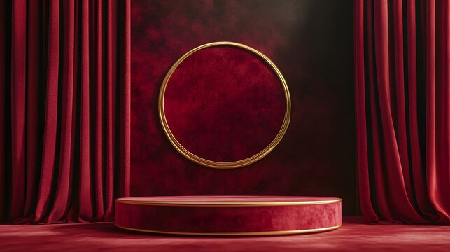 Fototapeta 26. A classic romantic podium with deep red velvet, golden accents, and an empty space in the center for showcasing a gift.