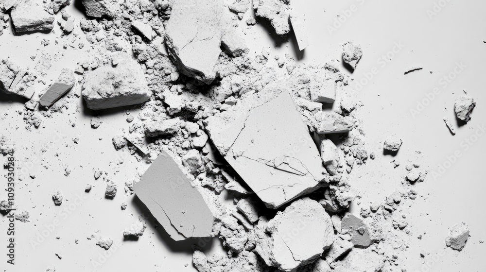 Poster crumbled white plaster and dust texture on light background, abstract design elements for artistic b