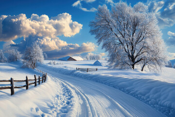 Obraz premium serene winter landscape with snow covered road winding through picturesque countryside, flanked by frosted trees under vibrant blue sky with fluffy clouds