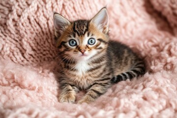 Cute fluffy kitten with blue eyes sitting on pink shaggy rug