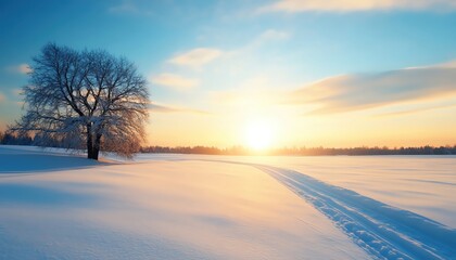 Obraz premium Sunrise over snowy field with tree, casting shadows, clear blue sky.