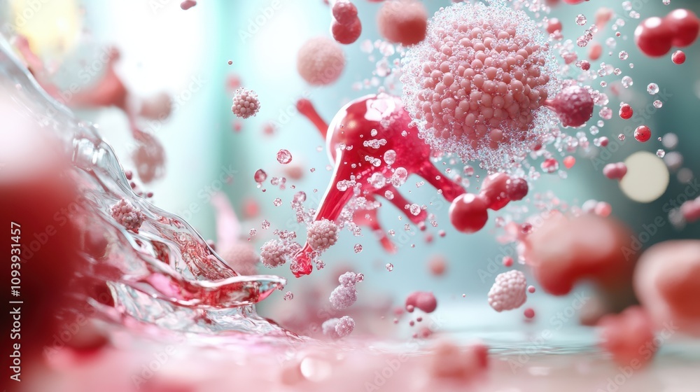 Poster dynamic splash of red liquid with floating cells, representing vitality and movement.