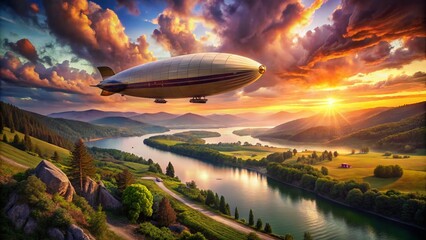 Naklejka premium Majestic Zeppelin Dirigible Airship Gliding Over Serene Landscape at Sunset, Capturing the Essence of Vintage Aviation and Natural Beauty in a Stunning Aerial View