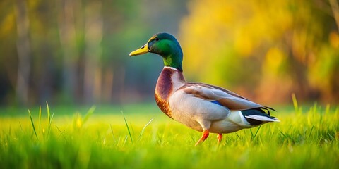 Male Mallard Walking Lush Green