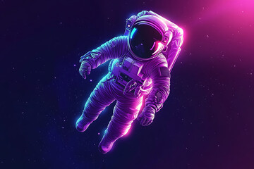 Fototapeta premium A vibrant astronaut floats in space, illuminated by neon colors against a dark backdrop.
