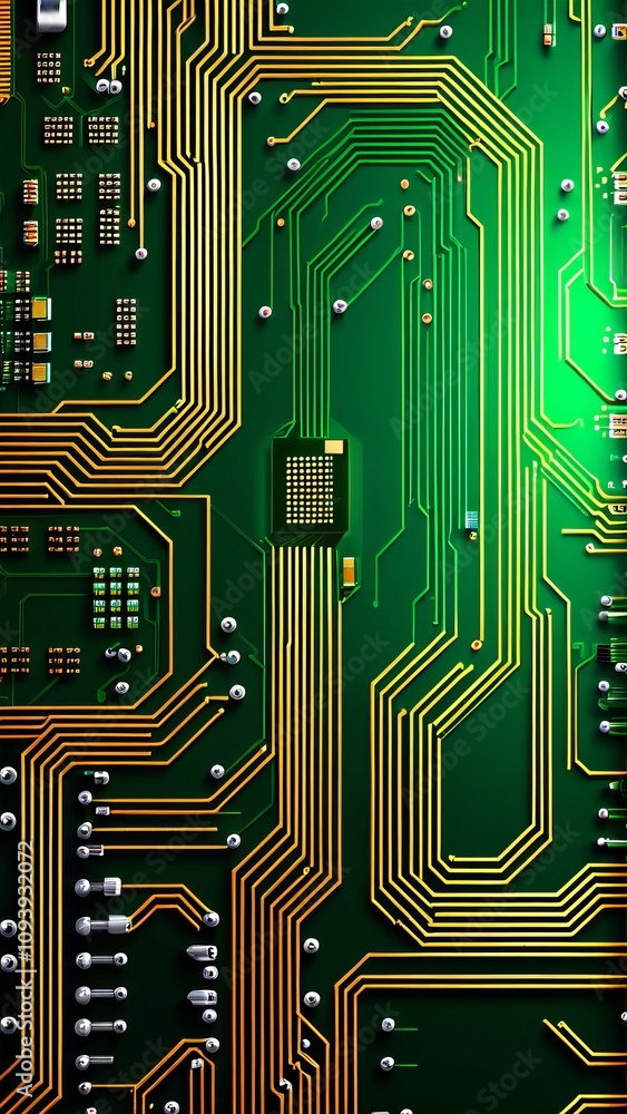 Poster intricate circuit board design with bright green and gold patterns