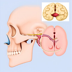 Cross-section of skull and brain highlighting the olfactory nerve, nasal cavity, and brain structures.