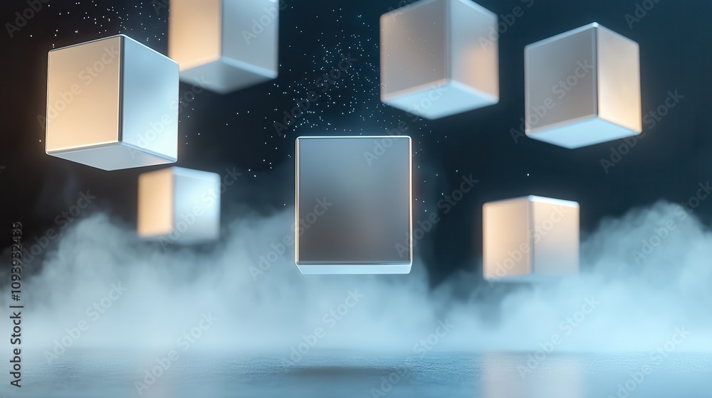 Poster abstract suspended metallic cubes with glowing edges and floating mist