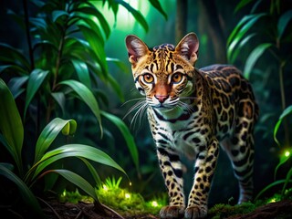 Obraz premium Mesmerizing Ocelot Cat with Glowing Eyes Captured in Long Exposure at Night, Showcasing Its Wild Beauty and Mysterious Aura in a Dark Jungle Setting