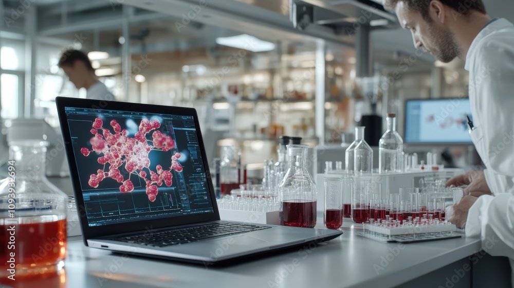 Poster scientist analyzing data on a laptop in a modern laboratory environment.