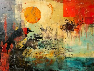 Fototapeta premium Abstract Bird Silhouette with Red Sun and Textured Background - Contemporary Art Painting
