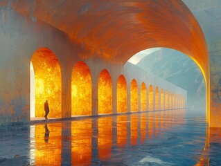 A Solitary Figure Walks Through Glowing Arches in a Surreal Landscape