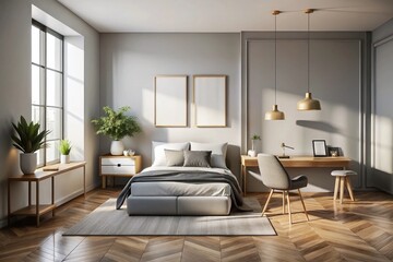Fototapeta premium Minimalist Bedroom Set Mockup Featuring an Empty White Poster and Stylish Desk Chair in a Lively Interior Art Scene for Modern Home Decor Inspiration