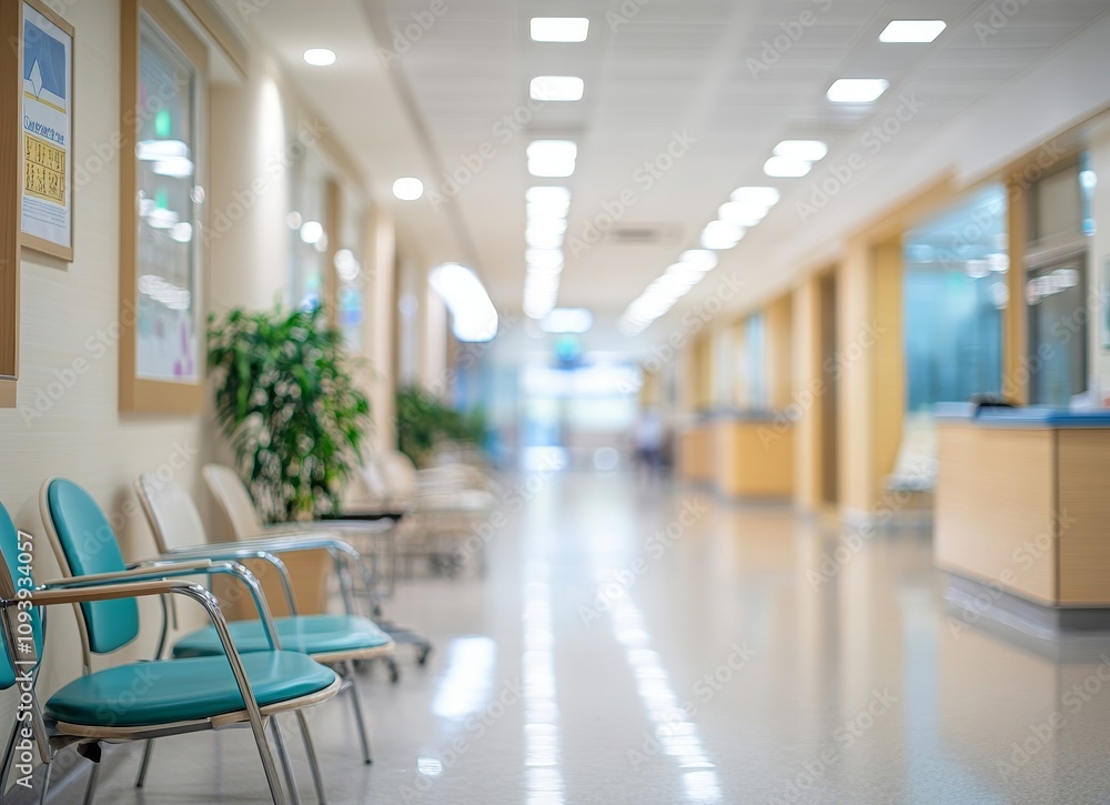 Aufkleber a long, bright hallway in a hospital with rows of chairs and a blurred view of people at the end.