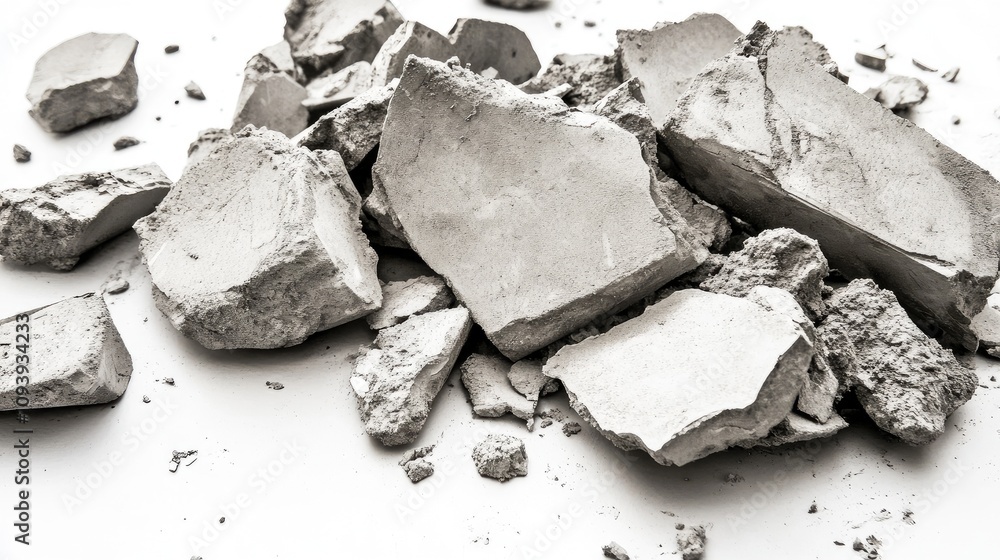 Poster piles of broken concrete pieces in various shapes and sizes on a light background, capturing the tex