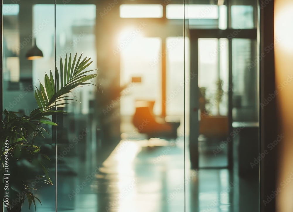 Poster a modern office space with large windows and a plant in the foreground. sunlight shines through the 