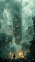 A Lonely Figure Amidst the Ruins of a Futuristic City