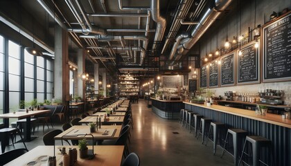 Fototapeta premium Modern Industrial-Style Bar with Long Counter and Stools