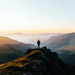 a person standing on a rocky cliff overlooking a misty valley at sunrise