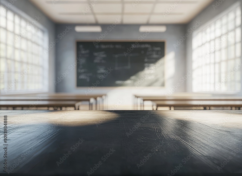 Poster Empty wooden desk in a classroom with a blackboard and sunlight streaming through windows.