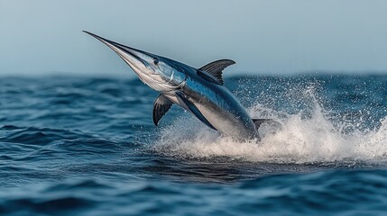 Fototapeta premium A majestic sailfish leaps from the ocean, splashing water.
