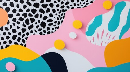 Fototapeta premium abstract street art. A vibrant abstract design featuring colorful shapes and patterns, blending playful colors like pink, yellow, and teal with bold black and white elements.