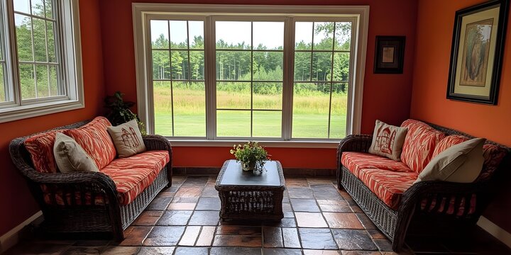 Relaxing sunroom with wicker sofas, terracotta tile floor, and expansive window views.