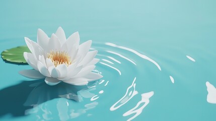 Single white water lily floating on calm turquoise water.
