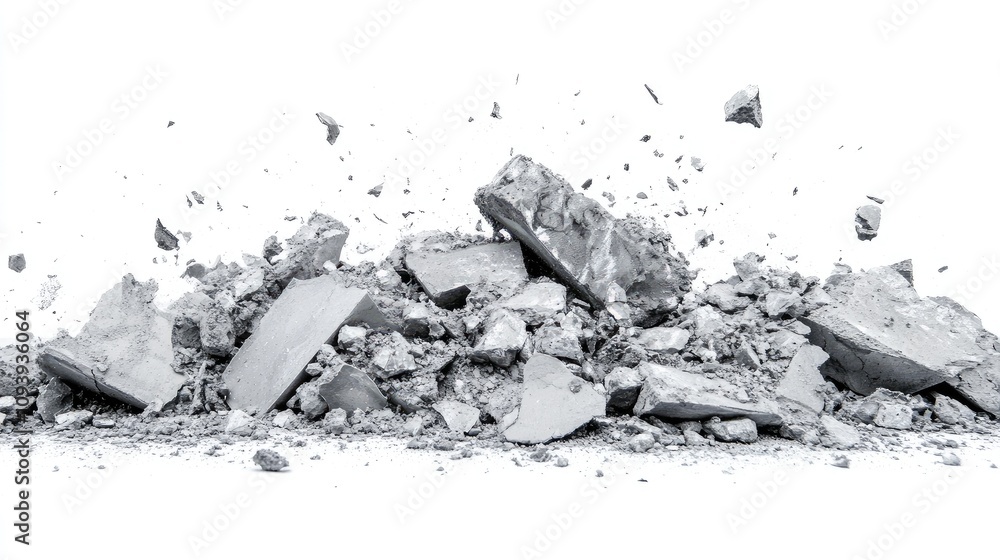Poster high-resolution image of broken concrete debris on white background capturing the chaotic nature of 