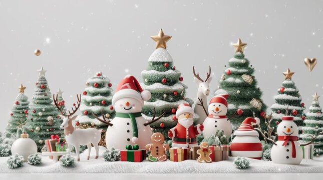 Christmas tee, snowman and Santa with gift and Christmas ornament in snowdrop season