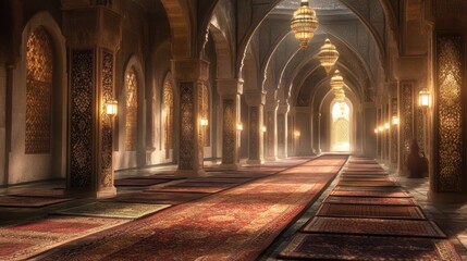 Obraz premium Grand mosque interior, long rows of prayer rugs, elaborate arches, ambient lantern light 