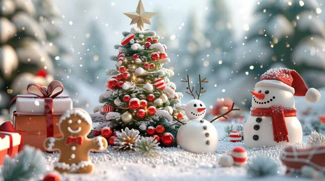 Christmas tee, snowman and Santa with gift and Christmas ornament in snowdrop season