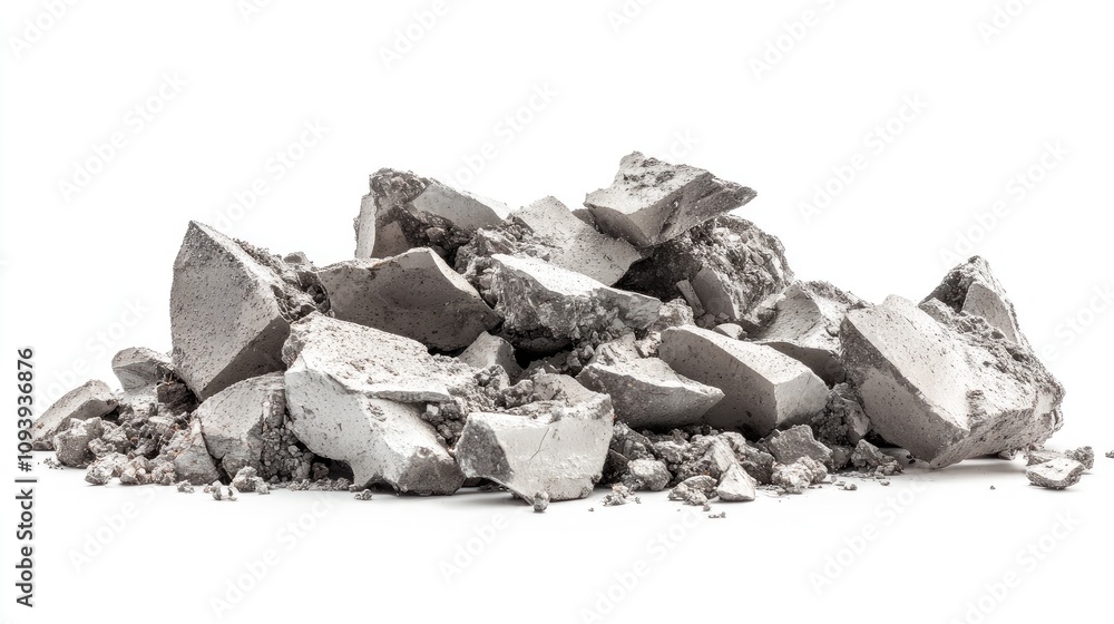 Poster pile of broken concrete pieces on a white background capturing the raw texture and color of construc