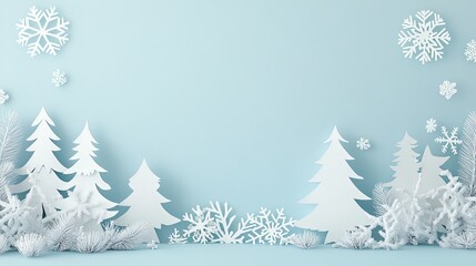 Winter scene with paper cut trees and snowflakes on light blue background.