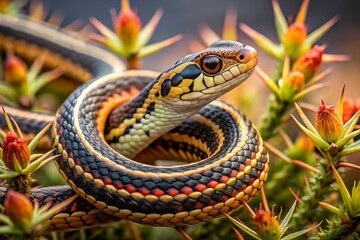 Fototapeta premium Minimalist Photography of a Common Garter Snake Coiled on a Thorny Bush, Emphasizing Nature's Intricacies and Serene Wilderness Landscape
