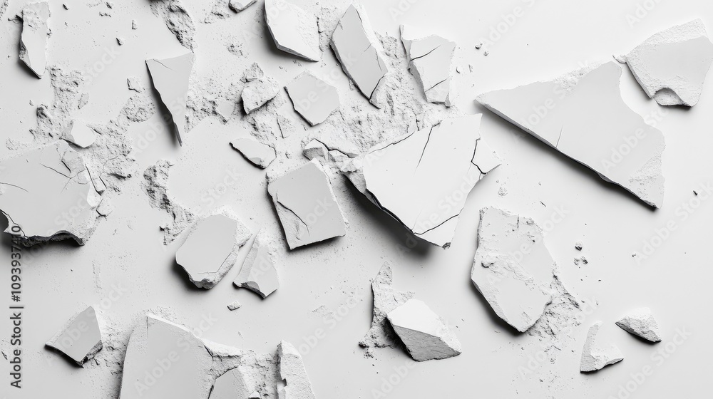 Poster abstract composition of white broken pieces on a light background highlighting texture and structure
