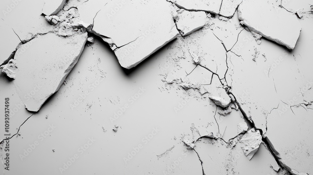 Poster close-up of cracked white plaster wall surface showing detailed texture and patterns, ideal for back