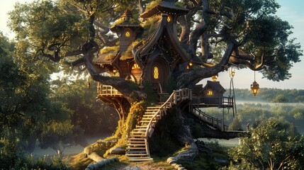 Obraz premium The treehouse sat perched high among the branches, its wooden walls weathered by time but full of character and charm.