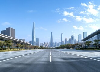 Empty road leading to a modern city skyline under a clear blue sky with white clouds.