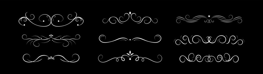 Set of white decorative swirls divider. Collection of calligraphic objects for wedding invitation, greeting card, book divider, certificate design. Vector vintage border elements on black background