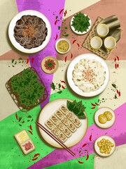 arrangement of sweet and salty foods and drinks for background or design needs.