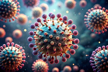 Fototapeta premium Minimalist Photography of Microscopic Virus Particles with a Blurred Background, Capturing Intricate Details in a Subtle and Artistic Way, Perfect for Scientific and Medical Themes