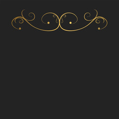 Decorative vintage card with gold swirls divider and copy space. Template for covers, invitations, menu. Gold vector layout on black background