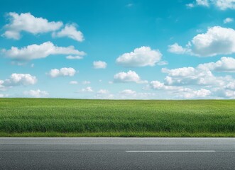 Fototapeta premium A paved road stretches out into a horizon of green grass under a bright blue sky with puffy white clouds.